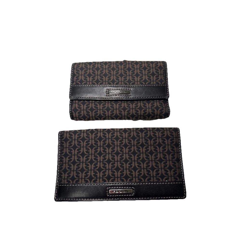 Fossil Tri-Fold Black Brown Canvas Signature Logo Leather Trim Wallet/ Checkbook